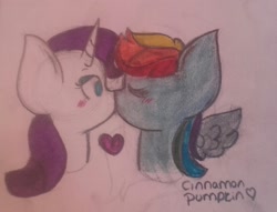 Size: 2006x1536 | Tagged: safe, artist:cinnamon-pumpkin, derpibooru import, rainbow dash, rarity, pegasus, pony, unicorn, blushing, eyes closed, female, heart, kissing, lesbian, mare, raridash, shipping, signature, traditional art