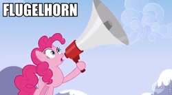 Size: 620x342 | Tagged: safe, pinkie pie, earth pony, pony, flugelhorn, image macro, megaphone, solo