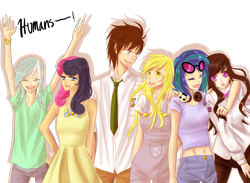 Size: 1280x937 | Tagged: safe, artist:sweet-unknown, bon bon, derpy hooves, dj pon-3, doctor whooves, lyra heartstrings, octavia melody, sweetie drops, vinyl scratch, human, background six, casual, clothes, female, humanized, male, simple background, transparent background