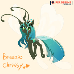 Size: 1000x1000 | Tagged: safe, artist:phoenixperegrine, queen chrysalis, breezie, changeling, changeling queen, breeziefied, cute, cutealis, female, heart, orange background, patreon, patreon logo, simple background, smiling, solo, species swap