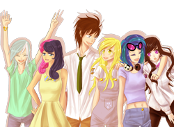 Size: 1280x937 | Tagged: safe, artist:sweet-unknown, edit, bon bon, derpy hooves, dj pon-3, doctor whooves, lyra heartstrings, octavia melody, sweetie drops, vinyl scratch, human, background six, casual, clothes, female, humanized, male, simple background, transparent background