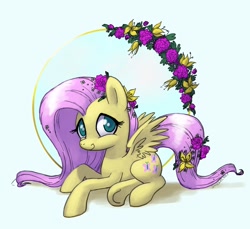 Size: 800x732 | Tagged: safe, artist:joieart, fluttershy, pegasus, pony, female, flower, flower in hair, flower in tail, mare, prone, signature, smiling, solo, spread wings, underhoof, wings