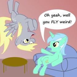 Size: 1000x1000 | Tagged: safe, artist:invidlord, derpy hooves, lyra heartstrings, pegasus, pony, unicorn, duo, flying, laughing, lyra is not amused, newbie artist training grounds, sitting, sitting lyra, sofa, upside down