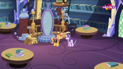 Size: 1600x900 | Tagged: safe, screencap, starlight glimmer, sunset shimmer, pony, unicorn, equestria girls, mirror magic, spoiler:eqg specials, book, duo, female, it happened, library, machinery, mare, mirror, saddle bag, table, twilight's castle, twilight's castle library