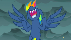 Size: 1920x1080 | Tagged: safe, derpibooru import, screencap, evil pie hater dash, rainbow dash, pegasus, pony, secrets and pies, cloud, dark clouds, evil laugh, female, flying, laughing, mare, nose in the air, sharp teeth, teeth, volumetric mouth