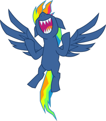 Size: 6400x7315 | Tagged: safe, artist:parclytaxel, derpibooru import, part of a set, evil pie hater dash, rainbow dash, pegasus, pony, secrets and pies, .svg available, absurd resolution, evil laugh, female, final form, flying, laughing, mare, nose in the air, sharp teeth, simple background, solo, teeth, transparent background, vector