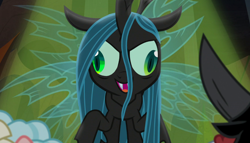 Size: 1400x800 | Tagged: safe, edit, edited screencap, screencap, cozy glow, lord tirek, queen chrysalis, changeling, changeling queen, pegasus, pony, frenemies (episode), crazylis, derp, female, filly, former queen chrysalis, male