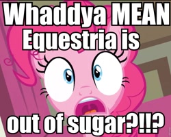 Size: 901x719 | Tagged: safe, pinkie pie, earth pony, pony, food, image macro, pinkie panic, solo, sugar (food), this will end in tears