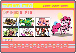 Size: 246x172 | Tagged: safe, artist:seaandsunshine, pinkie pie, earth pony, jigglypuff, pony, delibird, kricketune, ludicolo, maractus, pokémon, sandile, trainer card