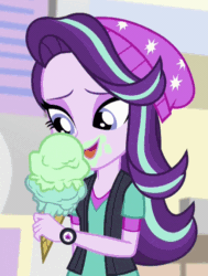 Size: 432x572 | Tagged: safe, screencap, starlight glimmer, equestria girls, mirror magic, spoiler:eqg specials, animated, beanie, clothes, cropped, cute, food, gif, glimmerbetes, hat, ice cream, ice cream cone, licking, solo, that human sure does love ice cream, tongue out, vest, watch, wristwatch
