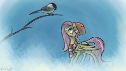 Size: 1920x1080 | Tagged: safe, artist:nos-talgia, fluttershy, bird, pegasus, pony, clothes, hat, scarf, wallpaper