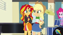 Size: 1280x714 | Tagged: safe, screencap, applejack, pinkie pie, sunset shimmer, equestria girls, rainbow rocks, comfort, cute, drum kit, drums, embrace, hug, looking at each other, musical instrument, rainbow, thousand yard stare