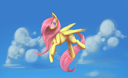 Size: 1956x1195 | Tagged: safe, artist:bi-polaroid, artist:gshgunner, fluttershy, pegasus, pony, flying, kamina sunglasses, solo