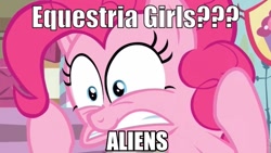 Size: 960x541 | Tagged: safe, edit, edited screencap, screencap, pinkie pie, equestria girls, wonderbolts academy, ancient aliens, are equestrian girls human?, giorgio a. tsoukalos, image macro, solo