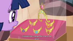 Size: 758x422 | Tagged: safe, derpibooru import, screencap, twilight sparkle, magical mystery cure, big crown thingy, elements of harmony, swapped cutie marks, youtube caption