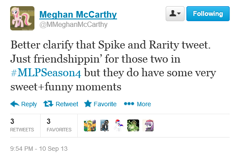 Size: 566x372 | Tagged: safe, rarity, spike, friendship, meghan mccarthy, text, twitter