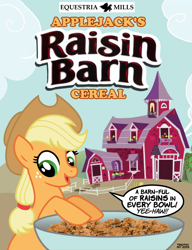 Size: 460x600 | Tagged: safe, artist:tim-kangaroo, applejack, earth pony, pony, apple family reunion, barn, cereal, post foods, pun, raise this barn, raisin bran, raisins