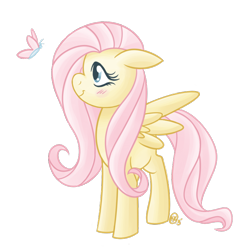 Size: 792x791 | Tagged: safe, artist:shellsweet, fluttershy, butterfly, pegasus, pony, female, floppy ears, looking at something, mare, profile, simple background, smiling, solo, spread wings, standing, transparent background, wings