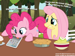 Size: 1200x900 | Tagged: safe, artist:manu-th-389, fluttershy, pinkie pie, earth pony, pegasus, pony, apple, apple (company), confused, fluttershy is not amused, ipad, licking, tablet