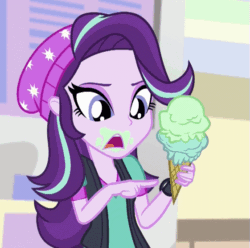 Size: 561x556 | Tagged: safe, screencap, starlight glimmer, equestria girls, mirror magic, spoiler:eqg specials, animated, beanie, clothes, confused, cropped, cute, dropped ice cream, female, food, gif, glimmerbetes, hat, ice cream, ice cream cone, solo, surprised, vest, watch, wristwatch