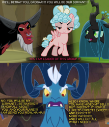 Size: 1200x1400 | Tagged: safe, edit, edited screencap, screencap, cozy glow, grogar, lord tirek, queen chrysalis, centaur, changeling, changeling queen, pegasus, pony, frenemies (episode), cozy glow is not amused, female, filly, foal