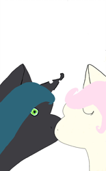 Size: 704x1135 | Tagged: safe, artist:nfpegasus, fluttershy, queen chrysalis, changeling, changeling queen, pegasus, pony, 1000 hours in ms paint, chrysashy, female, kissing, lesbian, shipping, simple background, white background