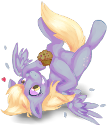 Size: 789x917 | Tagged: safe, artist:sweeglie, derpy hooves, pegasus, pony, female, happy, heart, mare, muffin, solo, upside down