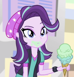 Size: 582x609 | Tagged: safe, screencap, starlight glimmer, equestria girls, mirror magic, spoiler:eqg specials, beanie, clothes, cropped, female, food, hat, ice cream, ice cream cone, solo, that human sure does love ice cream, vest