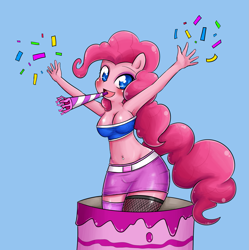 Size: 1273x1280 | Tagged: safe, artist:basketgardevoir, pinkie pie, anthro, ambiguous facial structure, armpits, belly button, bellyring, breasts, cake, cleavage, clothes, female, midriff, miniskirt, noisemaker, pinkie pies, pop out cake, skirt, solo, tube top