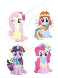 Size: 2240x3013 | Tagged: safe, derpibooru import, fluttershy, pinkie pie, rainbow dash, twilight sparkle, twilight sparkle (alicorn), alicorn, earth pony, pegasus, pony, christmas, clothes, cute, dashabetes, diapinkes, earmuffs, hat, hnnng, holiday, merchandise, one eye closed, photo, santa hat, scarf, shyabetes, sitting, smiling, stocking cap, twiabetes, weapons-grade cute, wink