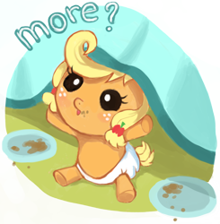 Size: 2212x2256 | Tagged: safe, artist:colourbee, applejack, earth pony, pony, baby, baby pony, babyjack, diaper, foal, plate, solo