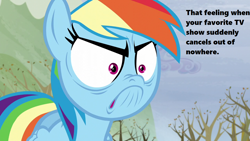 Size: 1280x720 | Tagged: safe, derpibooru import, edit, edited screencap, screencap, rainbow dash, pegasus, pony, season 5, tanks for the memories, angry face, autumn, cancellation, cloud, do i look angry, fangirl, hype, obligatory pony, shrunken pupils, solo, text, tree