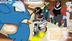 Size: 1400x800 | Tagged: safe, edit, edited screencap, screencap, cozy glow, grogar, king sombra, lord tirek, queen chrysalis, changeling, changeling queen, pegasus, pony, the beginning of the end, cozybuse, female, filly, foal, gun, handgun, revolver, sombrabuse