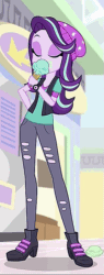 Size: 265x701 | Tagged: safe, screencap, starlight glimmer, equestria girls, mirror magic, spoiler:eqg specials, animated, beanie, boots, clothes, cropped, cute, eyes closed, female, food, gif, glimmerbetes, hand on hip, hat, ice cream, licking, perfect loop, ripped pants, shoes, solo, that human sure does love ice cream, vest, watch, wristwatch
