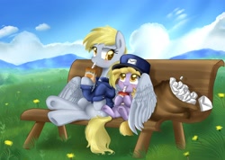 Size: 3650x2603 | Tagged: safe, artist:pridark, derpy hooves, dinky hooves, bag, bench, clothes, cute, drink, drinking, equestria's best mother, filly, grass, hat, hoof hold, hug, juice, juice box, letter, mail, mailbag, mailmare, mailpony, muffin, sitting, smiling, spread wings, straw, underhoof, winghug