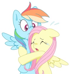 Size: 704x739 | Tagged: safe, artist:yumemiruusagi81, derpibooru import, fluttershy, rainbow dash, pegasus, pony, crying, duo, eyes closed, hug, open mouth, simple background, spread wings, white background, wings