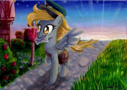 Size: 1024x723 | Tagged: safe, artist:linkslove, derpy hooves, pegasus, pony, acrylic painting, cap, female, hat, letter, mailbag, mailbox, mare, rose, solo, sunrise, traditional art