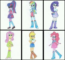 Size: 1136x1049 | Tagged: safe, derpibooru import, applejack, fluttershy, pinkie pie, rainbow dash, rarity, sci-twi, twilight sparkle, equestria girls, belt, boots, clothes, compression shorts, cowboy hat, denim skirt, hat, high heel boots, humane five, humane six, mane six, mary janes, ponytail, shoes, skirt, socks, stetson, traditional art