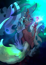 Size: 1358x1920 | Tagged: safe, artist:rariedash, queen chrysalis, anthro, changeling, changeling queen, mermaid, female, smiling, solo