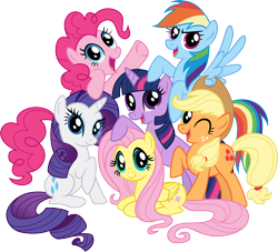 Size: 4946x4492 | Tagged: safe, artist:crunchnugget, derpibooru import, applejack, fluttershy, pinkie pie, rainbow dash, rarity, twilight sparkle, earth pony, pegasus, pony, unicorn, absurd resolution, female, mane six, mane six opening poses, mare, one eye closed, open mouth, prone, raised hoof, simple background, spread wings, transparent background, vector, wings, wink