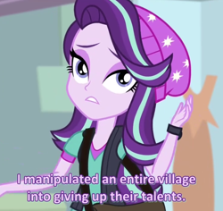 Size: 726x685 | Tagged: safe, screencap, starlight glimmer, equestria girls, mirror magic, spoiler:eqg specials, beanie, cropped, hat, solo, subtitles, text