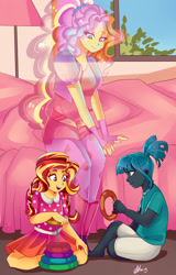 Size: 1410x2200 | Tagged: safe, artist:xjenn9, adagio dazzle, queen chrysalis, sunset shimmer, changeling, changeling queen, ghost, fanfic:ranger, equestria girls, fanfic art, mamadagio, wanderer d