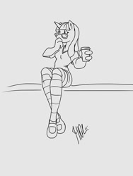 Size: 750x1000 | Tagged: safe, artist:bastianmage, derpibooru import, twilight sparkle, anthro, coffee, glasses, mary janes, monochrome