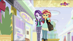 Size: 800x450 | Tagged: safe, screencap, starlight glimmer, sunset shimmer, equestria girls, mirror magic, spoiler:eqg specials, animated, bag, beanie, clothes, duo, eating, female, food, geode of empathy, gif, hat, hip sway, hug, ice cream, jacket, leather jacket, lidded eyes, looking at each other, magical geodes, messy eating, necklace, pendant, ripped pants, teletoon, thick, vest, walking, watch, wide hips