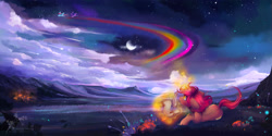 Size: 4508x2254 | Tagged: safe, artist:wilvarin-liadon, derpibooru import, rainbow dash, twilight sparkle, twilight sparkle (alicorn), oc, oc:cinder, alicorn, pegasus, pony, unicorn, arcane arts, arcane magic, campsite, cloud, crescent moon, curved horn, cute, feather, featured on derpibooru, female, field, floppy ears, flying, glowing horn, grass, levitation, looking up, magic, mare, moon, mountain, night, night sky, pen, ponyville, prone, quill, rainbow, rainbow trail, scenery, scenery porn, scroll, sky, solo focus, spread wings, stars, telekinesis, wings, writing