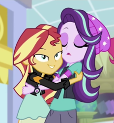 Size: 998x1076 | Tagged: safe, screencap, pinkie pie, starlight glimmer, sunset shimmer, equestria girls, mirror magic, spoiler:eqg specials, beanie, bedroom eyes, clothes, cropped, duo, eyes closed, faic, female, hat, hug, magic mirror, out of context, teletoon