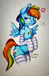 Size: 1309x2048 | Tagged: safe, artist:cutiepoppony, derpibooru import, rainbow dash, pegasus, pony, semi-anthro, angry, clothes, cross-popping veins, socks, solo, striped socks, traditional art