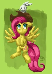 Size: 700x993 | Tagged: safe, artist:projectzuel, angel bunny, fluttershy, pegasus, pony, female, hat, mare