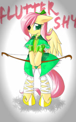 Size: 707x1131 | Tagged: safe, artist:silver723, fluttershy, pegasus, pony, archer, bipedal, bow, bow (weapon), clothes, solo
