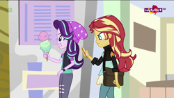 Size: 1920x1080 | Tagged: safe, screencap, starlight glimmer, sunset shimmer, equestria girls, mirror magic, spoiler:eqg specials, bag, beanie, clothes, food, hat, ice cream, messy eating, phone, teletoon, that human sure does love ice cream, watch
